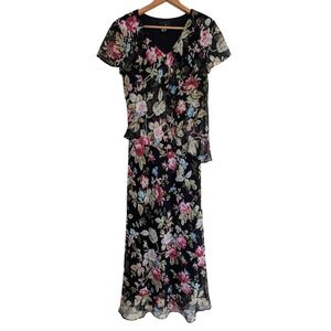 90s Dark Floral Beaded Maxi Dress Medium Sheer Chiffon Whimsigoth Fairy Grunge‎